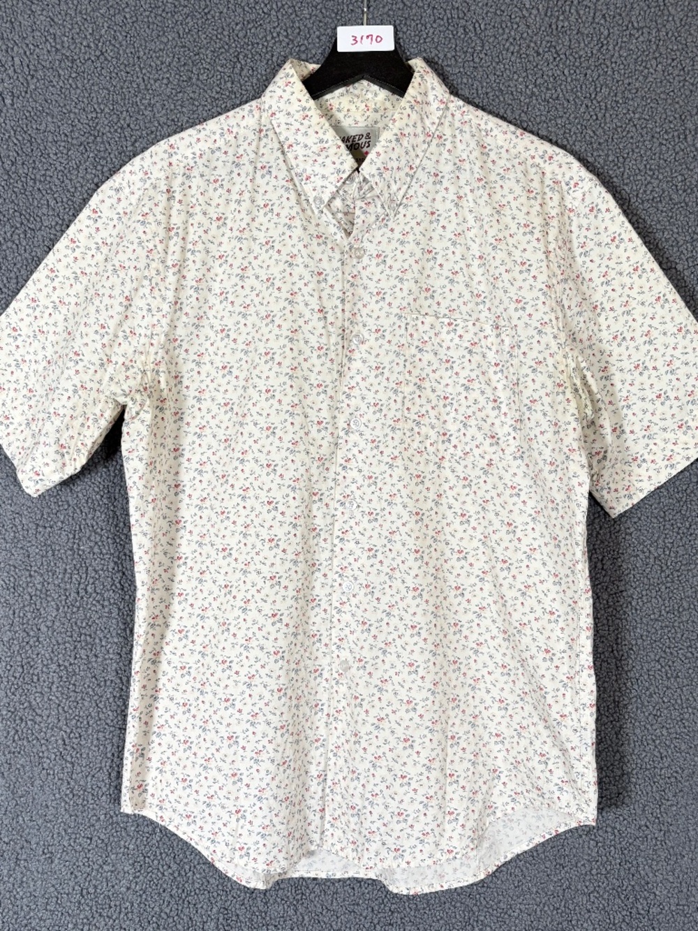 Naked & Famous Floral Button Down Short Sleeve Shirt - Men's Size L - Cream